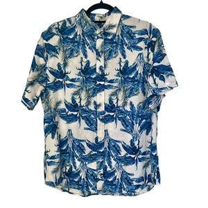 Banana Republic Men's Linen Hawaiian Short Sleeve Shirt Tropical Blue Wh…
